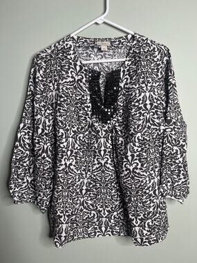 Yvos Brown paisley linen blend top Large